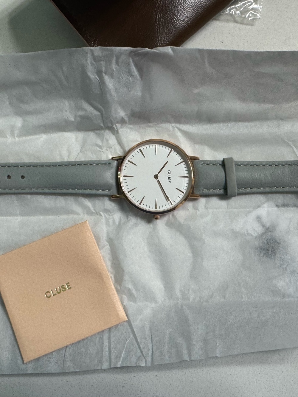 NWT CLUSE Women's Grey Leather Strap Watch with Rose Gold Case